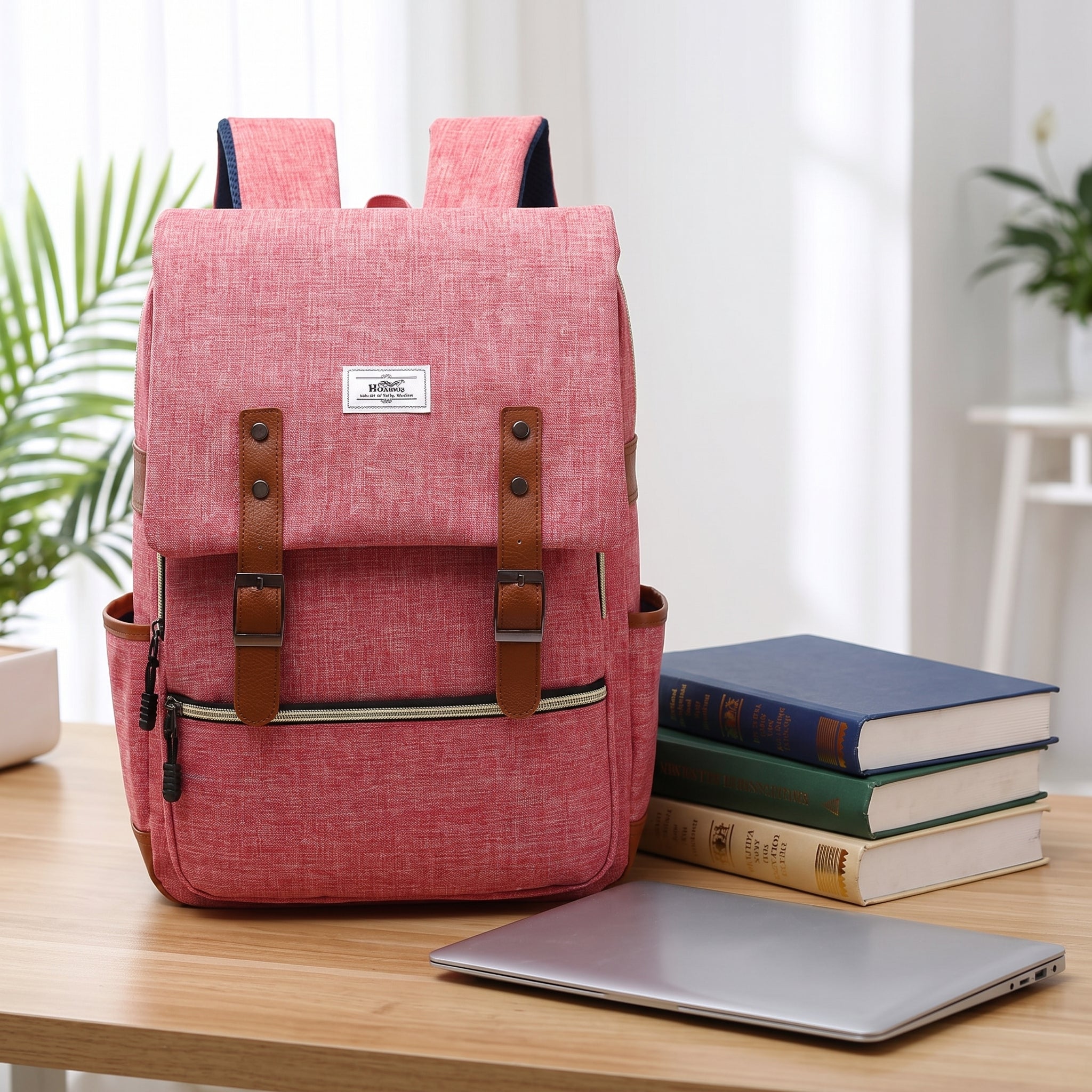 Laptop Backpack Pink And Blue Canvas With Faux Leather Accents - scale