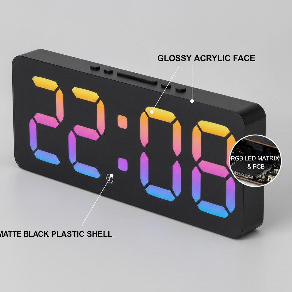 led digital alarm clock close-up construction and materials