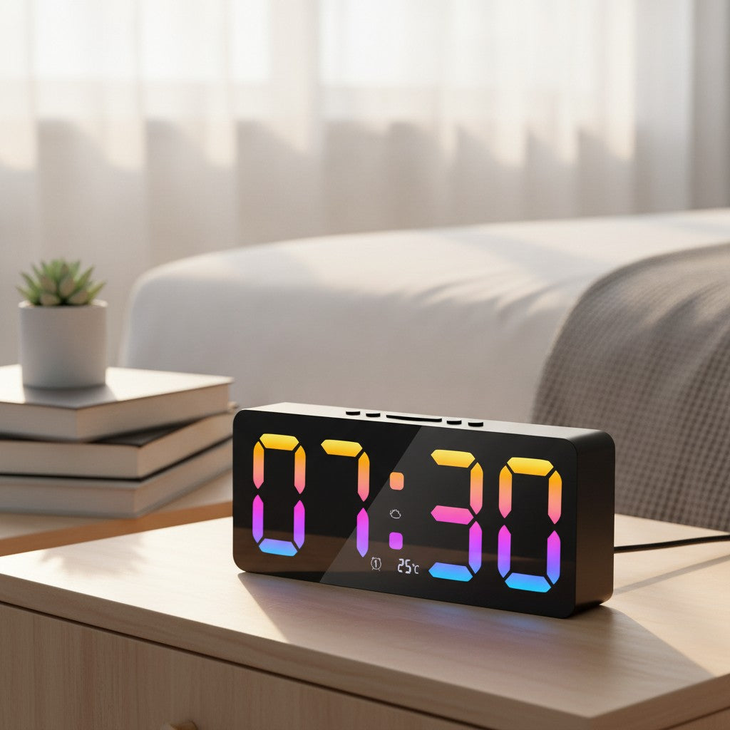 led digital alarm clock in use, lifestyle scene