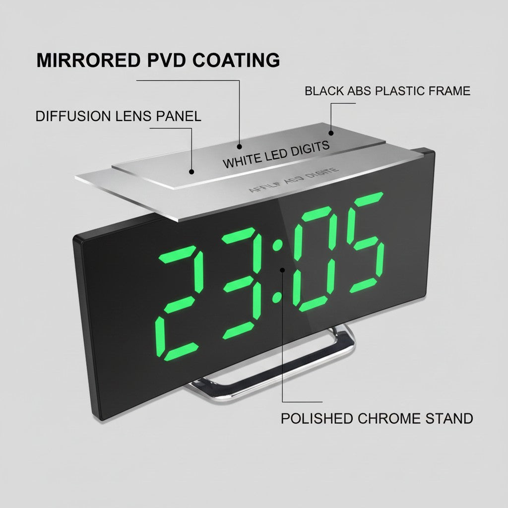mirror alarm clock close-up construction and materials
