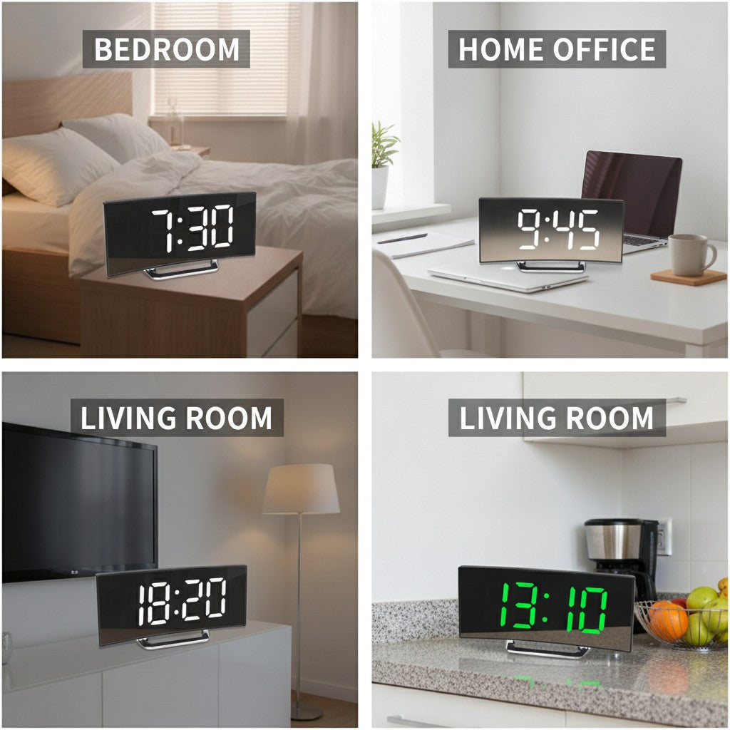 mirror alarm clock shown in multiple settings