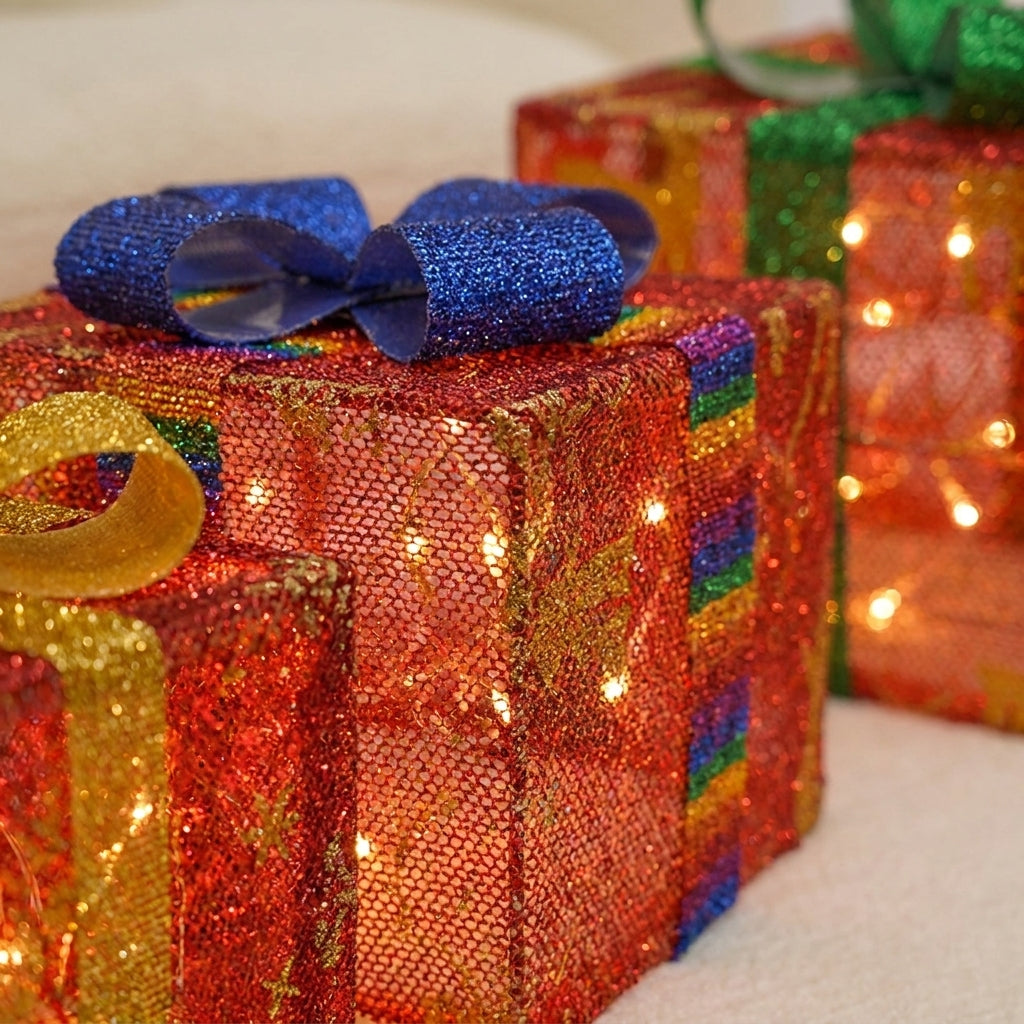 Outdoor Christmas Decorations Lighted Boxes Glittered Set - detail