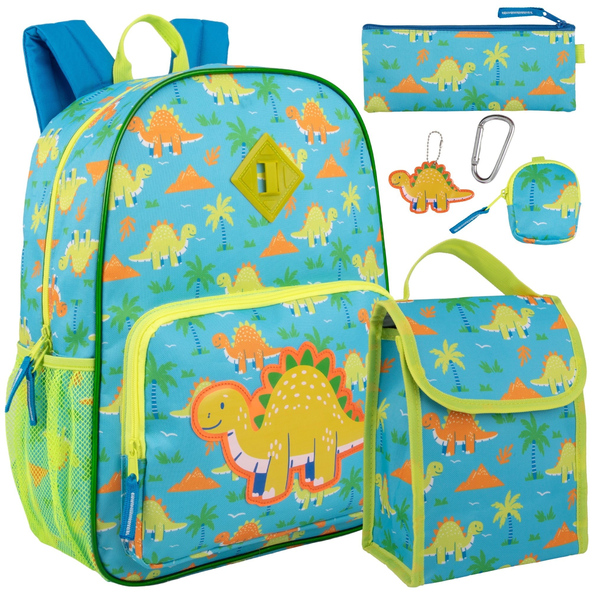 Lunch Bag Insulated Childrens Dinosaur Backpack Set Blue Green Trim - Image 1