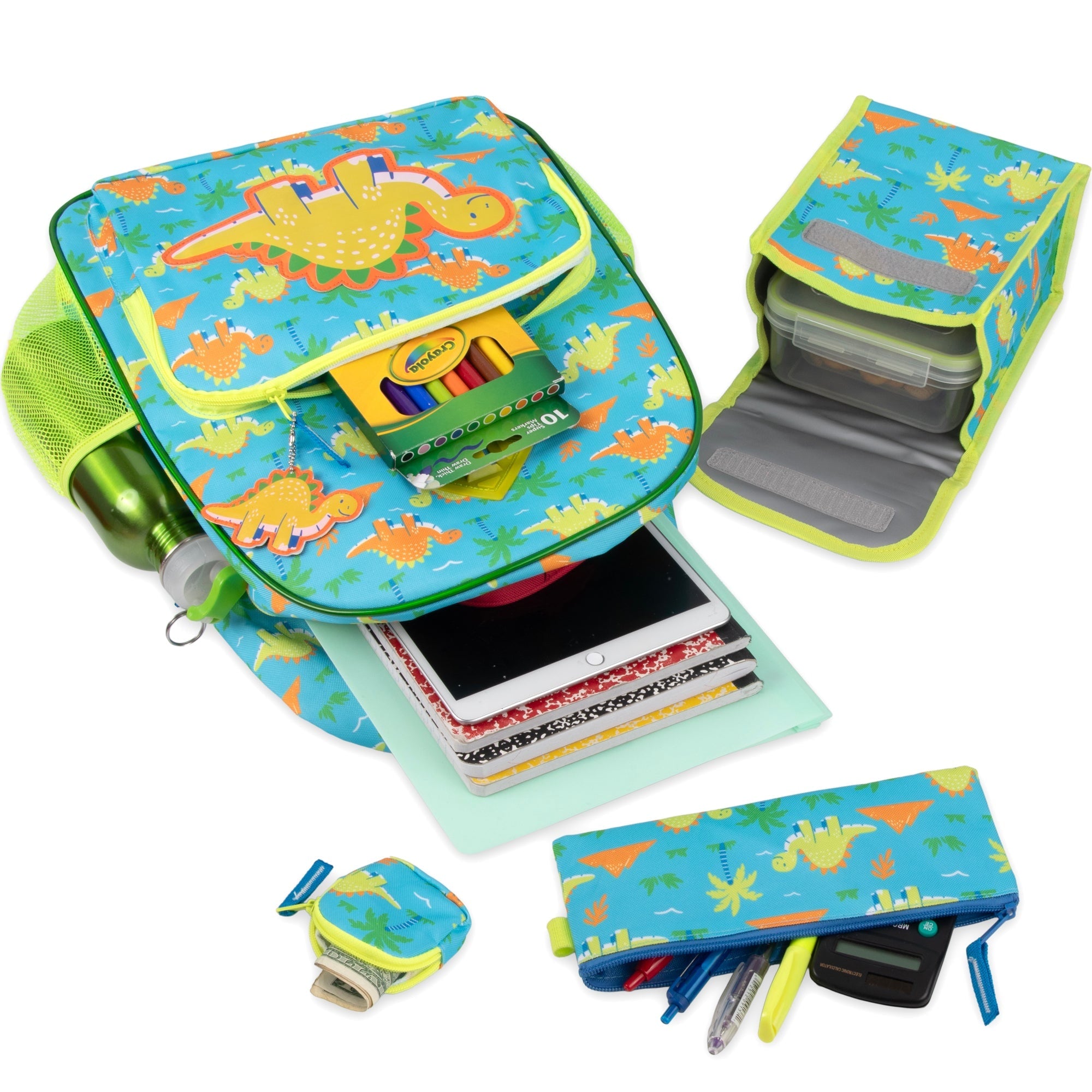 Lunch Bag Insulated Childrens Dinosaur Backpack Set Blue Green Trim - Image 3