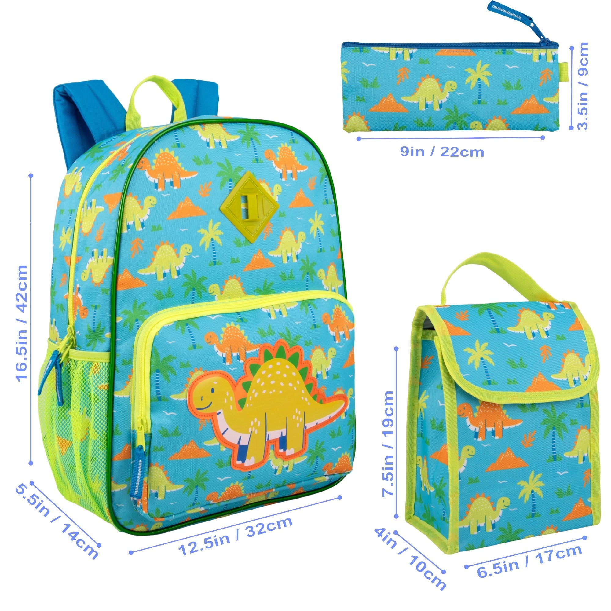 Lunch Bag Insulated Childrens Dinosaur Backpack Set Blue Green Trim - Image 4