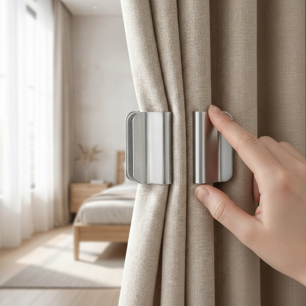 magnetic curtain clips in use, lifestyle scene