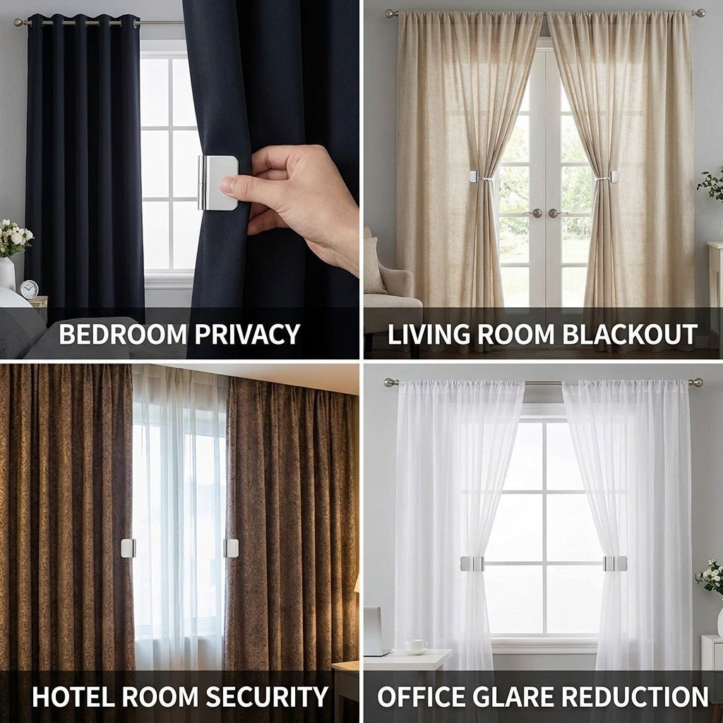 magnetic curtain clips shown in multiple settings