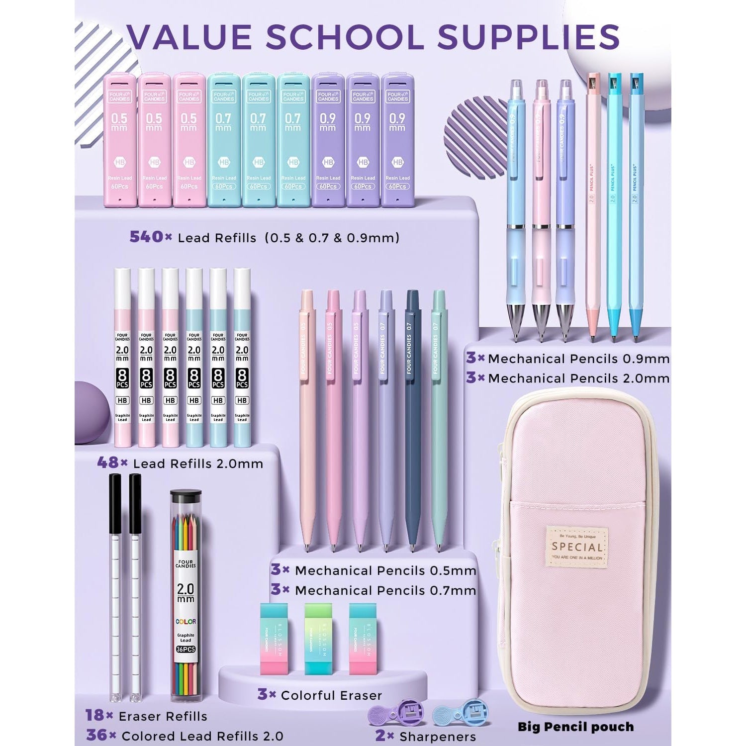 Mechanical Pencils with Lead Pencil Case Pencil with Sharpener Pastel - Image 2