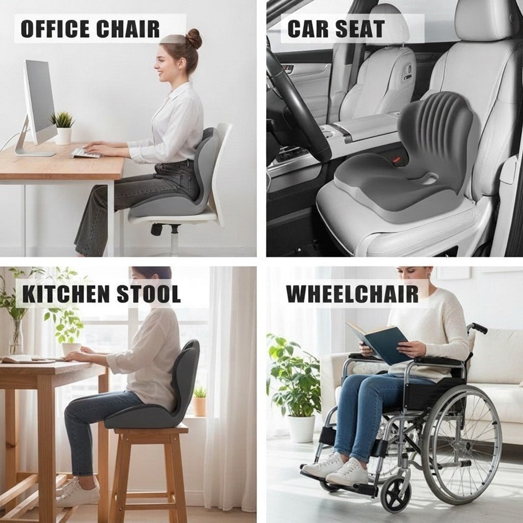 memory foam seat cushion shown in multiple settings