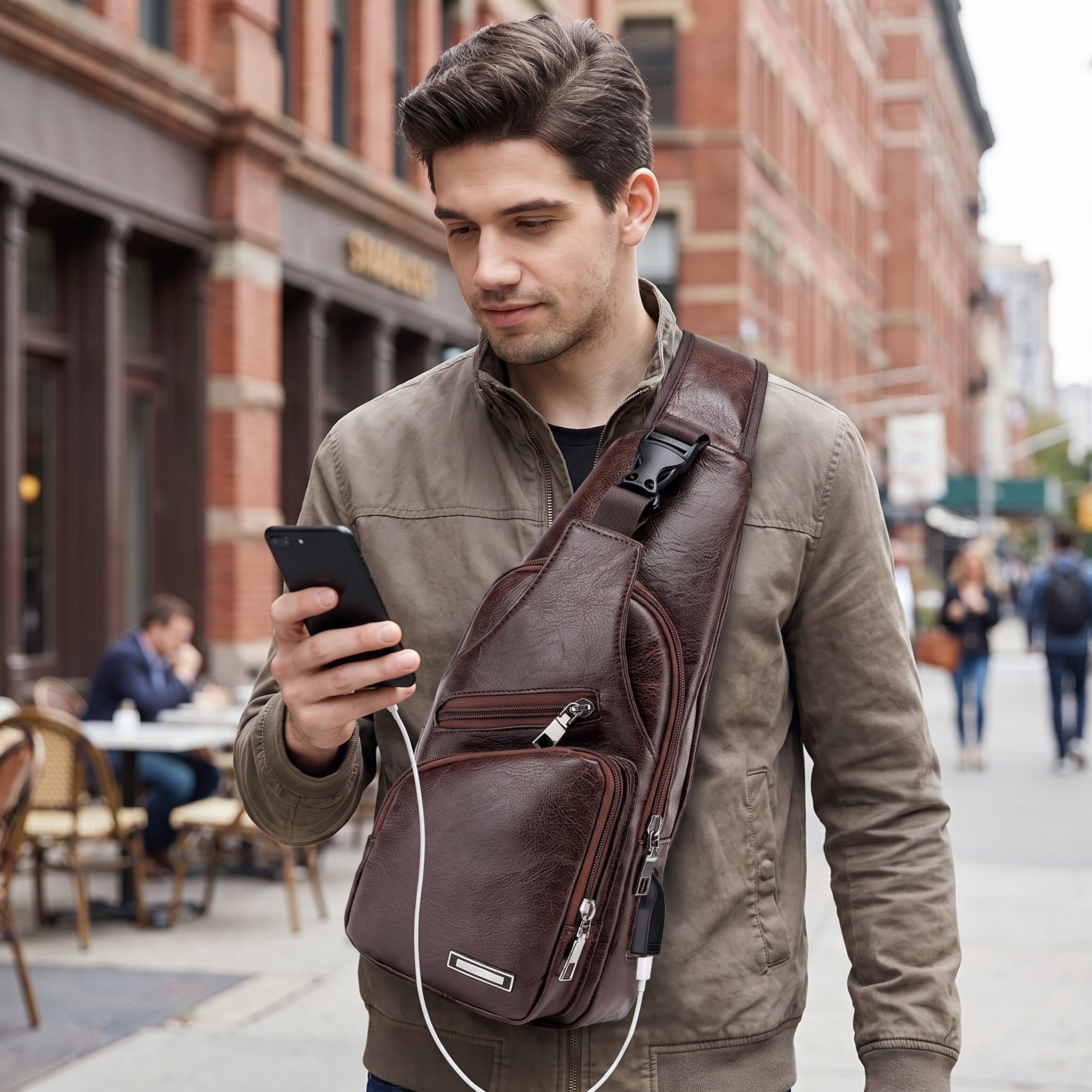 Travel Bag Shoulder Sling Leather USB - in-use
