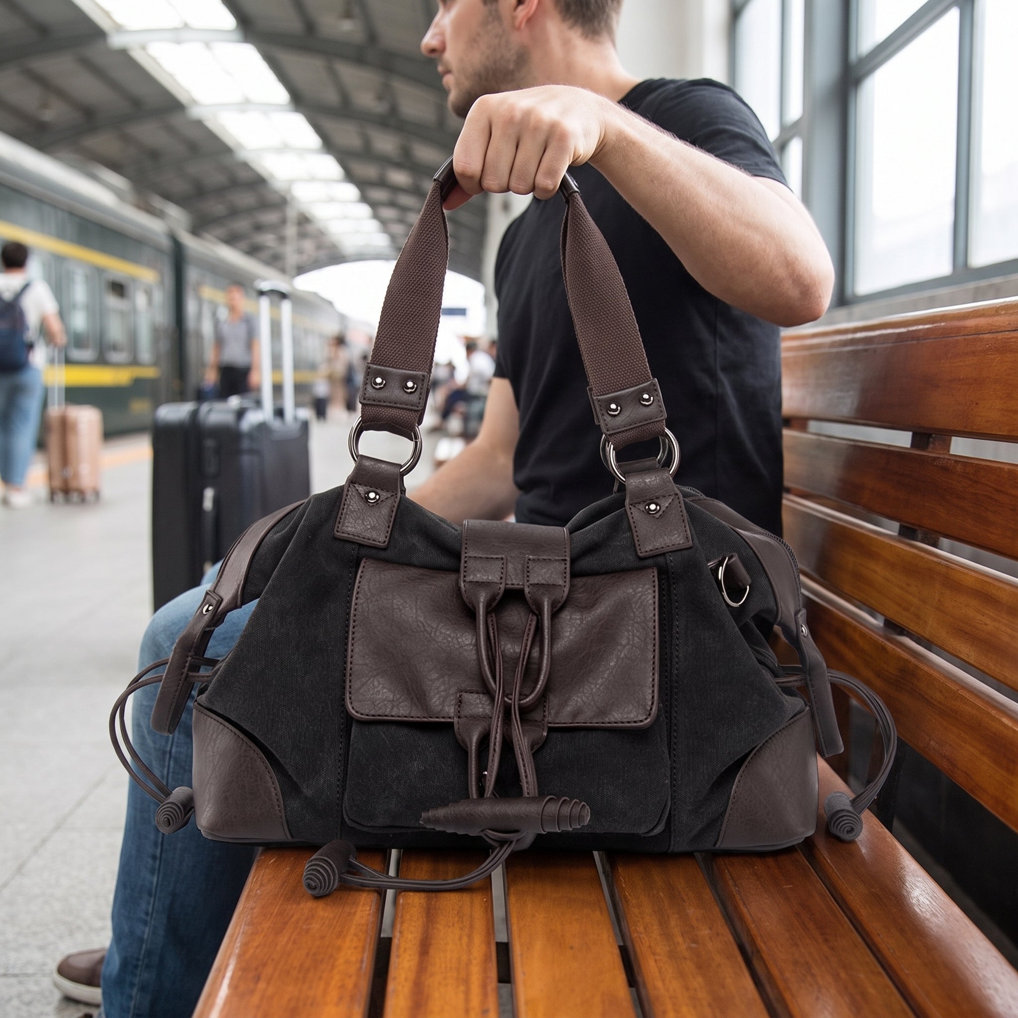 Men's Travel Bag Shoulder Bag Gym Bag Canvas Leather Duffel Weekender - hero