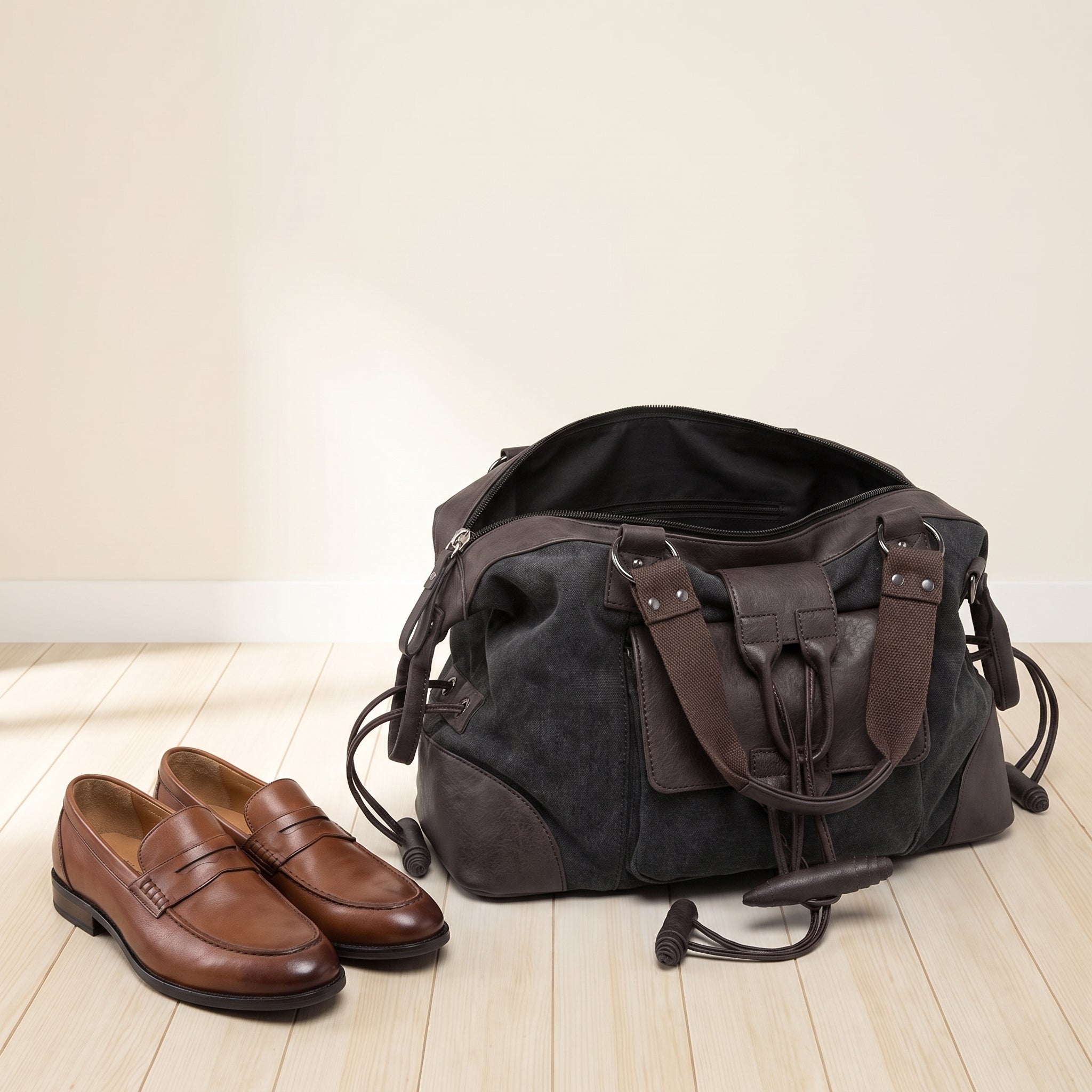 Men's Travel Bag Shoulder Bag Gym Bag Canvas Leather Duffel Weekender - scale