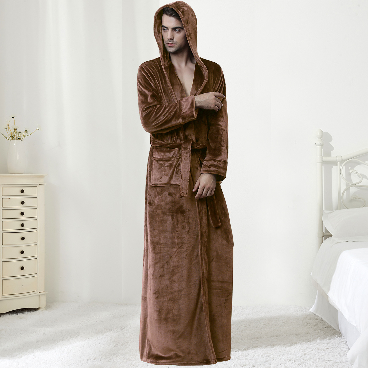Men's Hooded Robe Robe Plush Long Bathrobe - Image 5