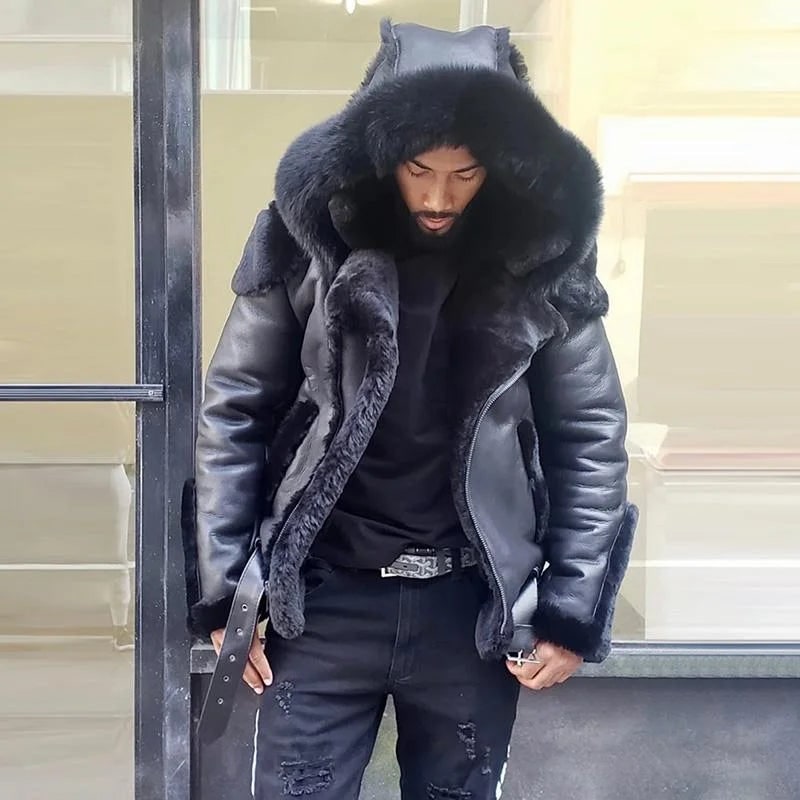 Men's Leather Jacket Hooded Winter Jacket Fur-Lined Buckle - Image 2