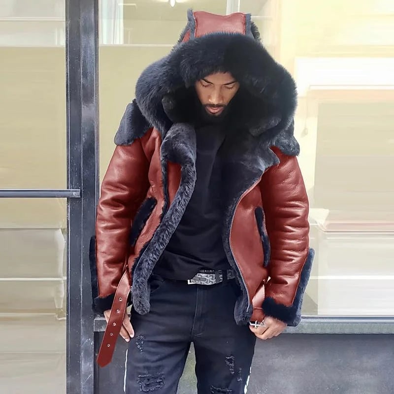 Men's Leather Jacket Hooded Winter Jacket Fur-Lined Buckle - Image 3