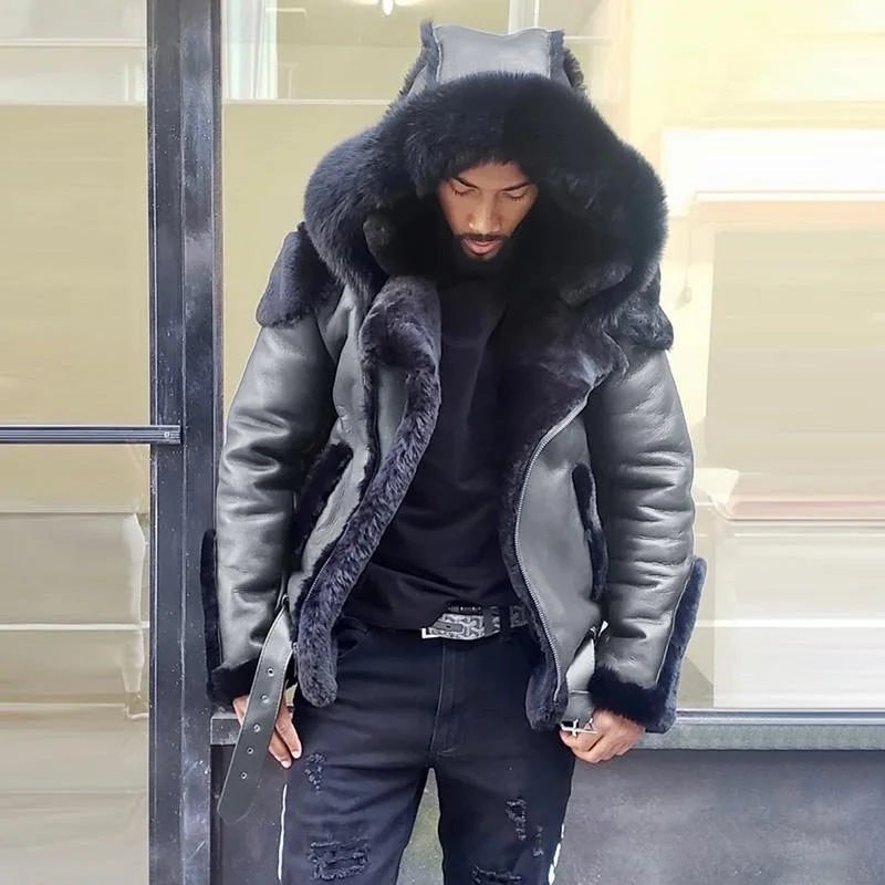 Men's Leather Jacket Hooded Winter Jacket Fur-Lined Buckle - Image 4