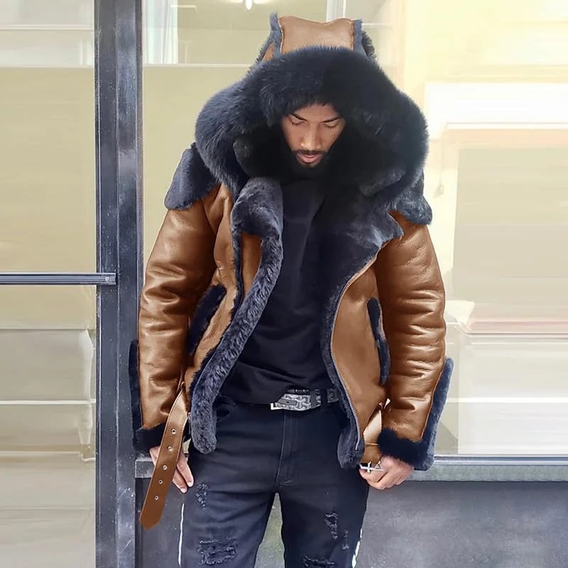 Men's Leather Jacket Hooded Winter Jacket Fur-Lined Buckle - Image 5