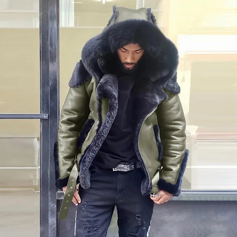 Men's Leather Jacket Hooded Winter Jacket Fur-Lined Buckle - Image 6