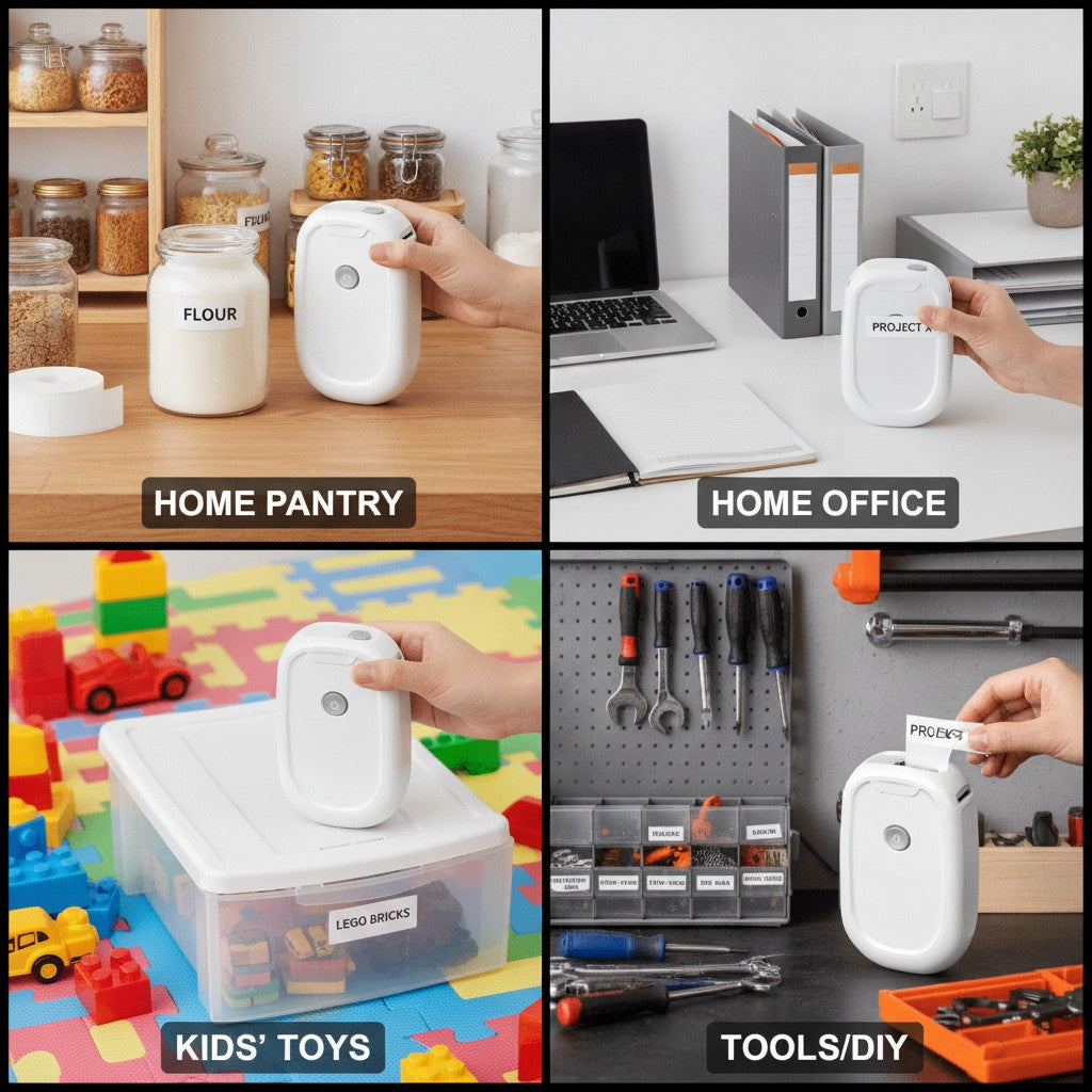 mini label printer shown in multiple settings
