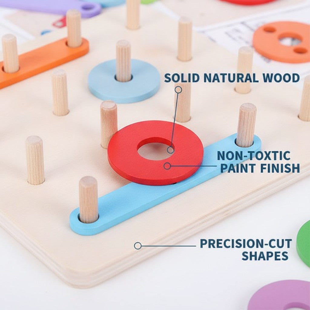 wooden pegboard stacking toy close-up construction and materials