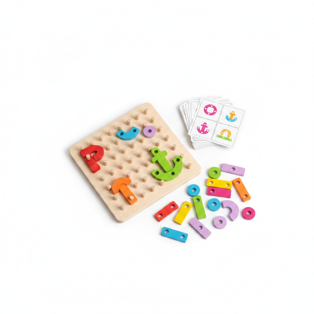 wooden pegboard stacking toy product photo on white background