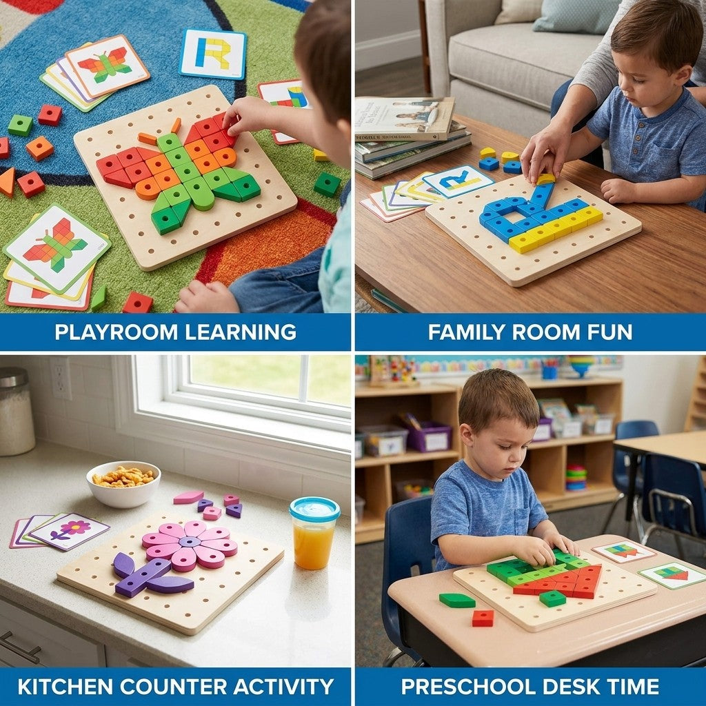 wooden pegboard stacking toy shown in multiple settings