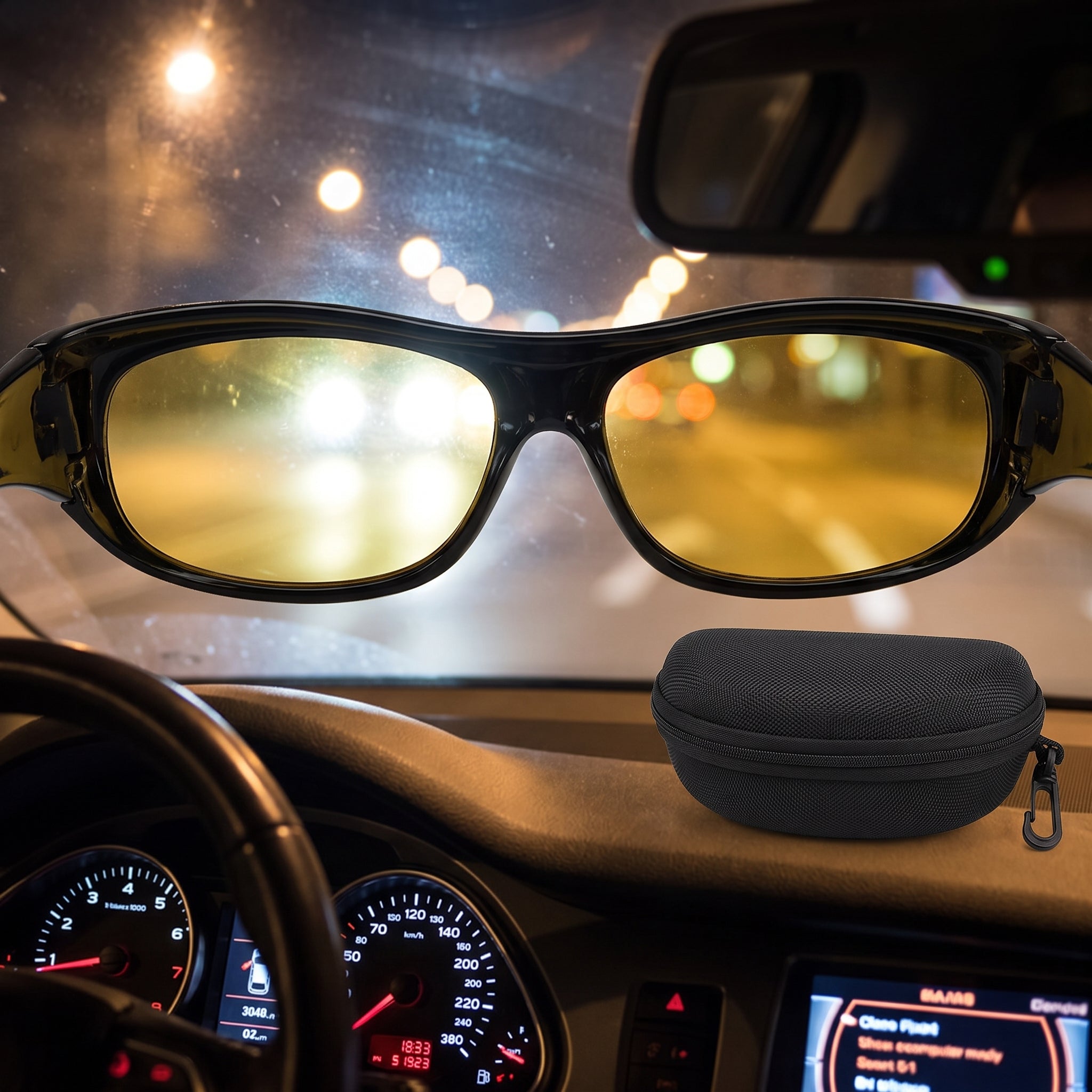 Night Driving Glasses Anti Glare Yellow Lenses Black Hard Case - in-use