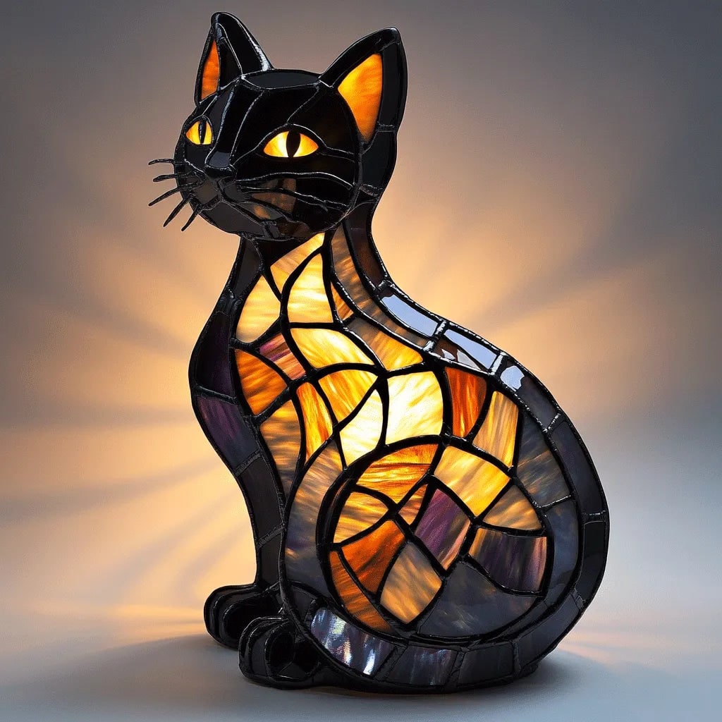 Night Light Kitty Stained Glass Lamp Sitting Cat Night Lamp - Image 1