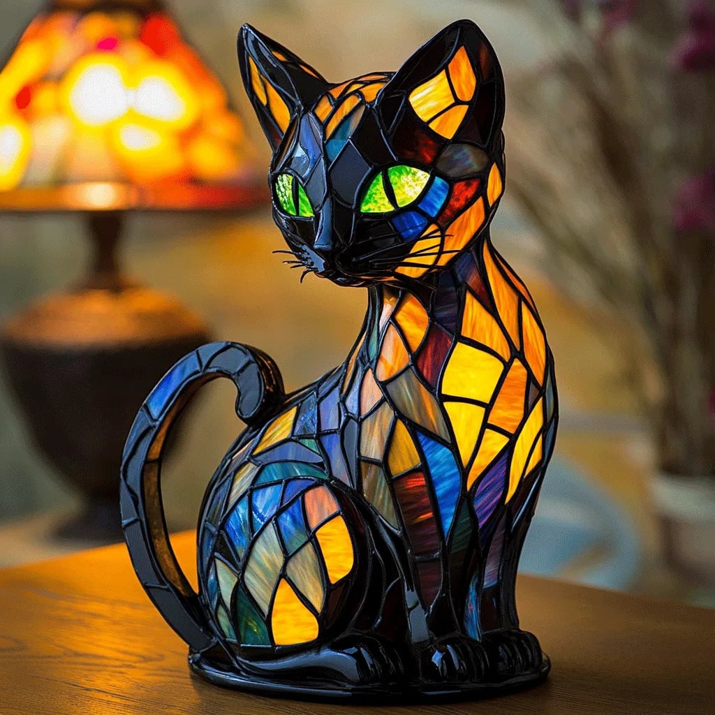 Night Light Kitty Stained Glass Lamp Sitting Cat Night Lamp - Image 2