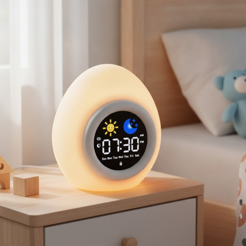 kids alarm clock in use, lifestyle scene