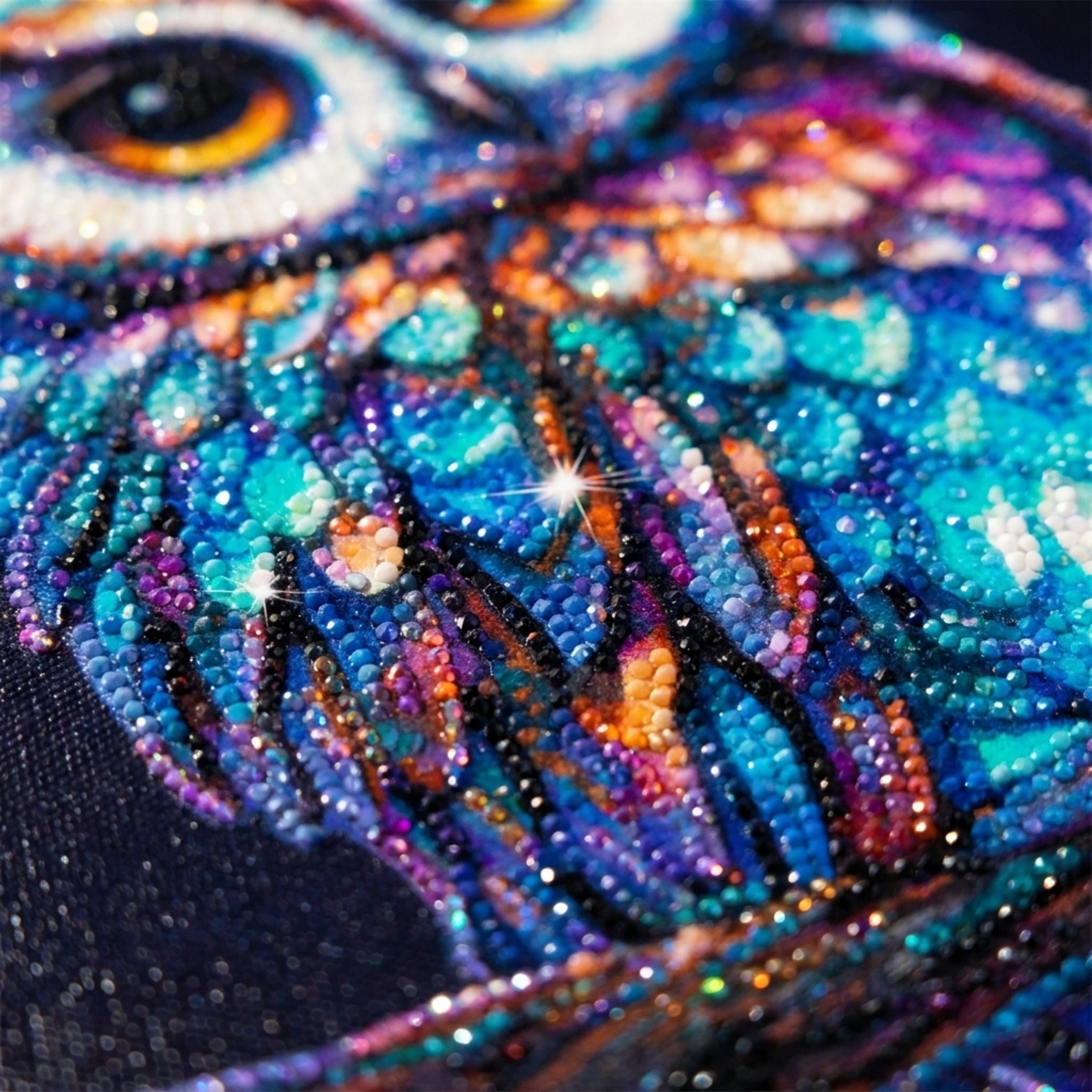 Close-up of finished owl diamond painting showing sparkling round AB diamonds