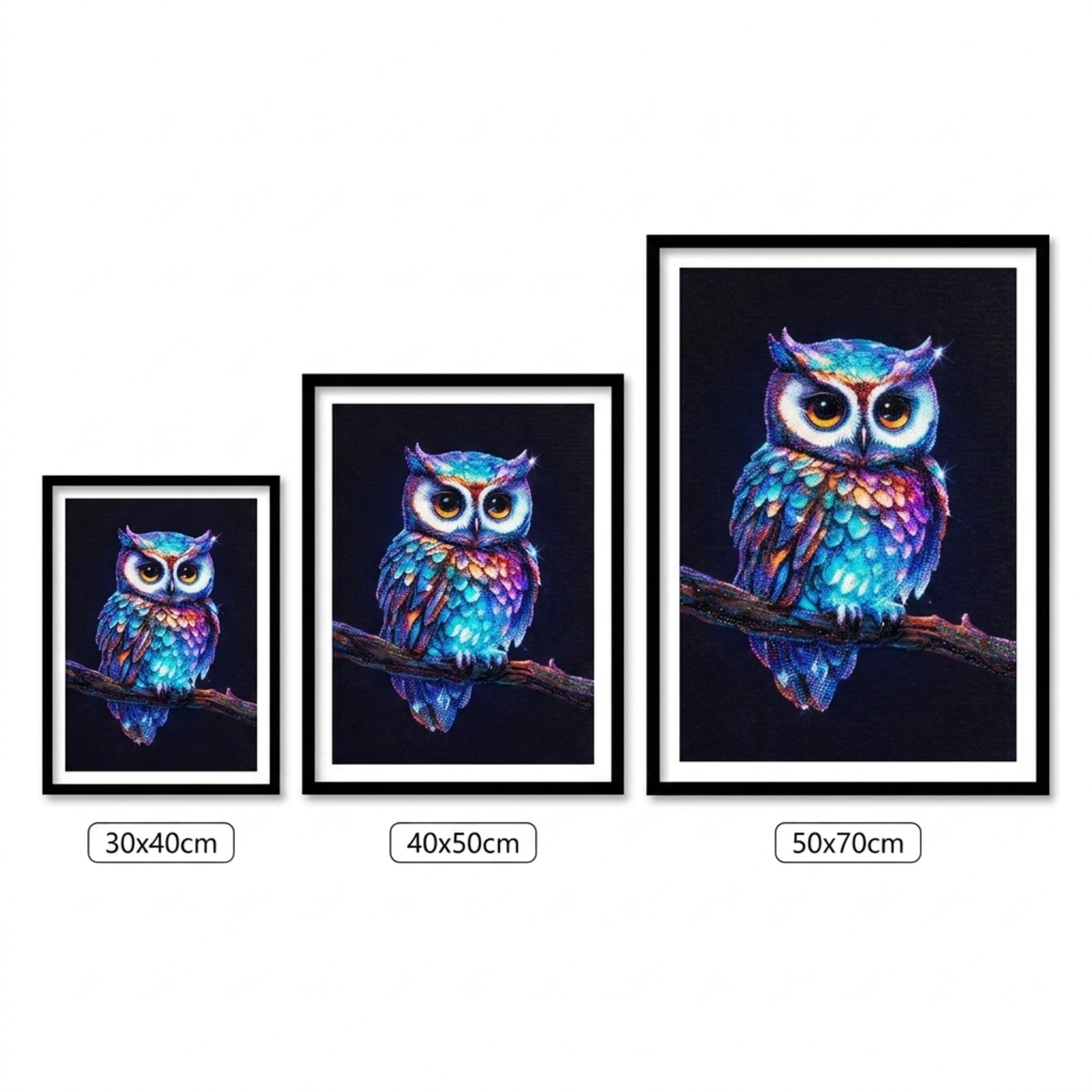 Owl diamond painting size comparison 30x40, 40x50, 50x70 cm