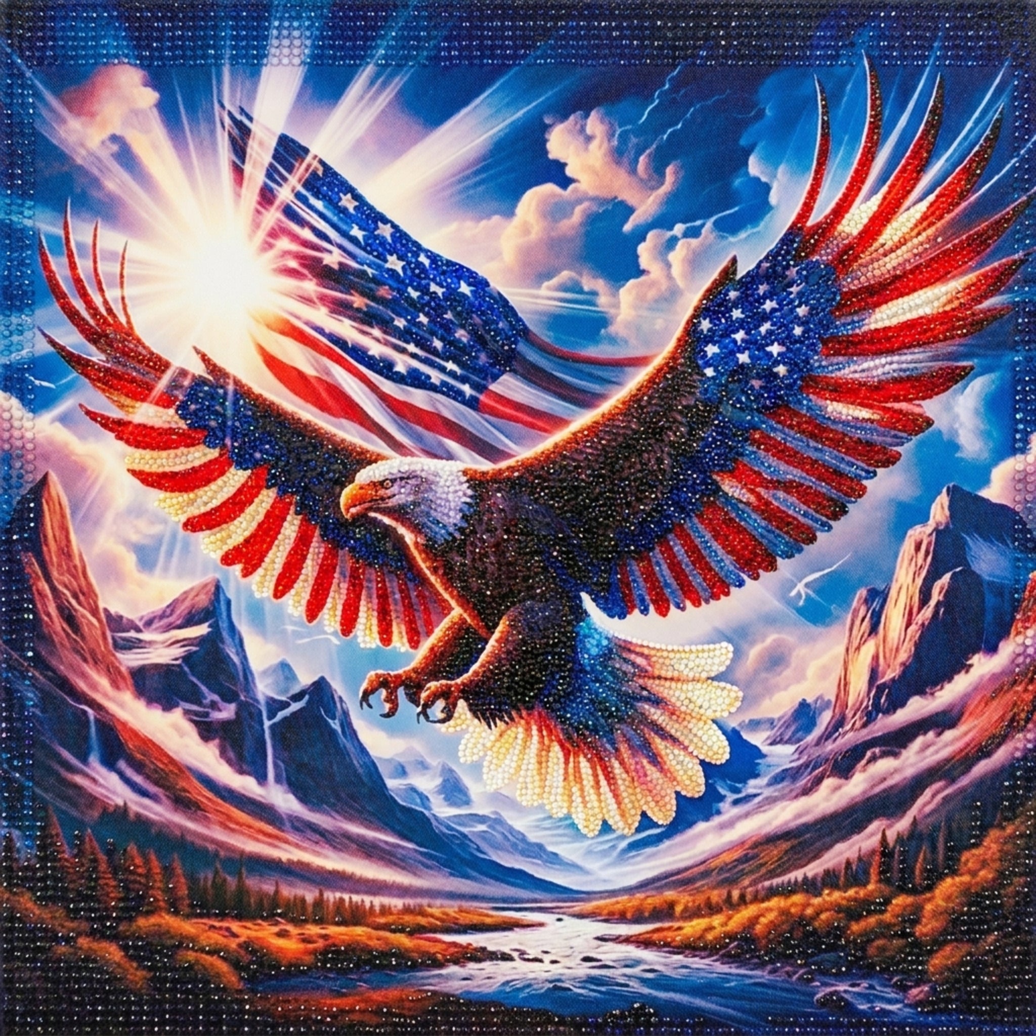 Finished patriotic eagle diamond painting made with round diamonds