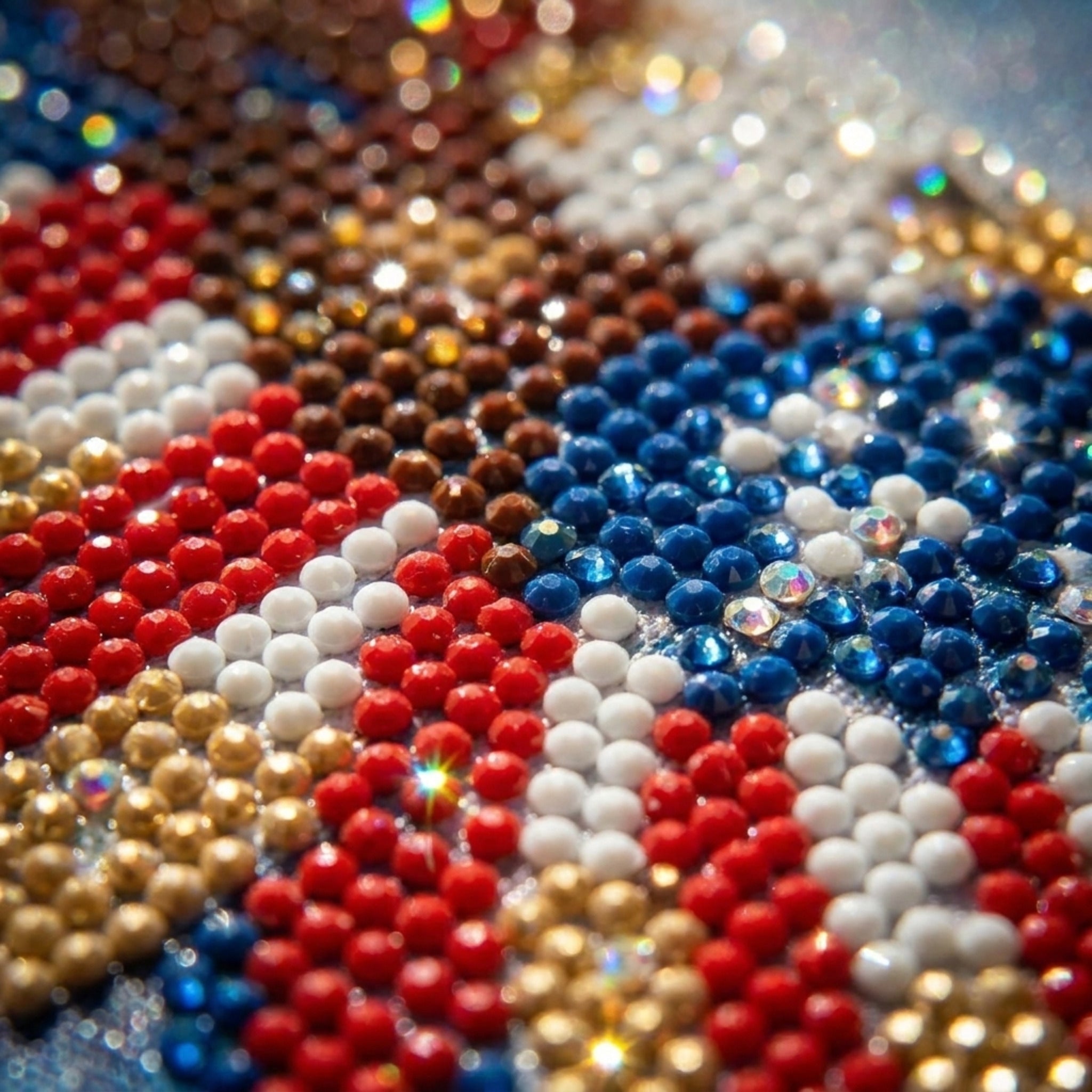 Close-up of finished patriotic eagle diamond painting showing sparkling round AB diamonds