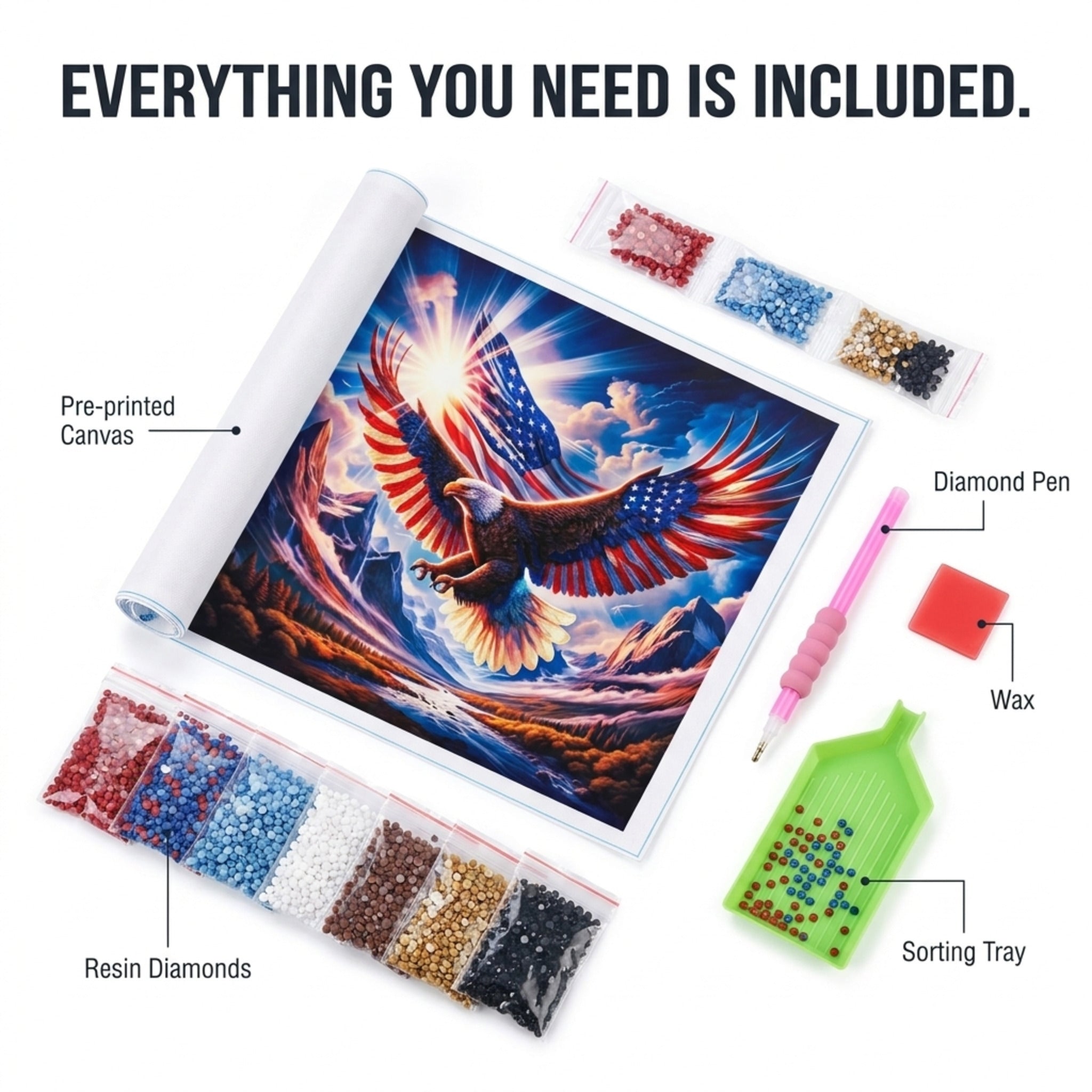 Everything included - canvas, round diamonds, applicator pen, wax, sorting tray