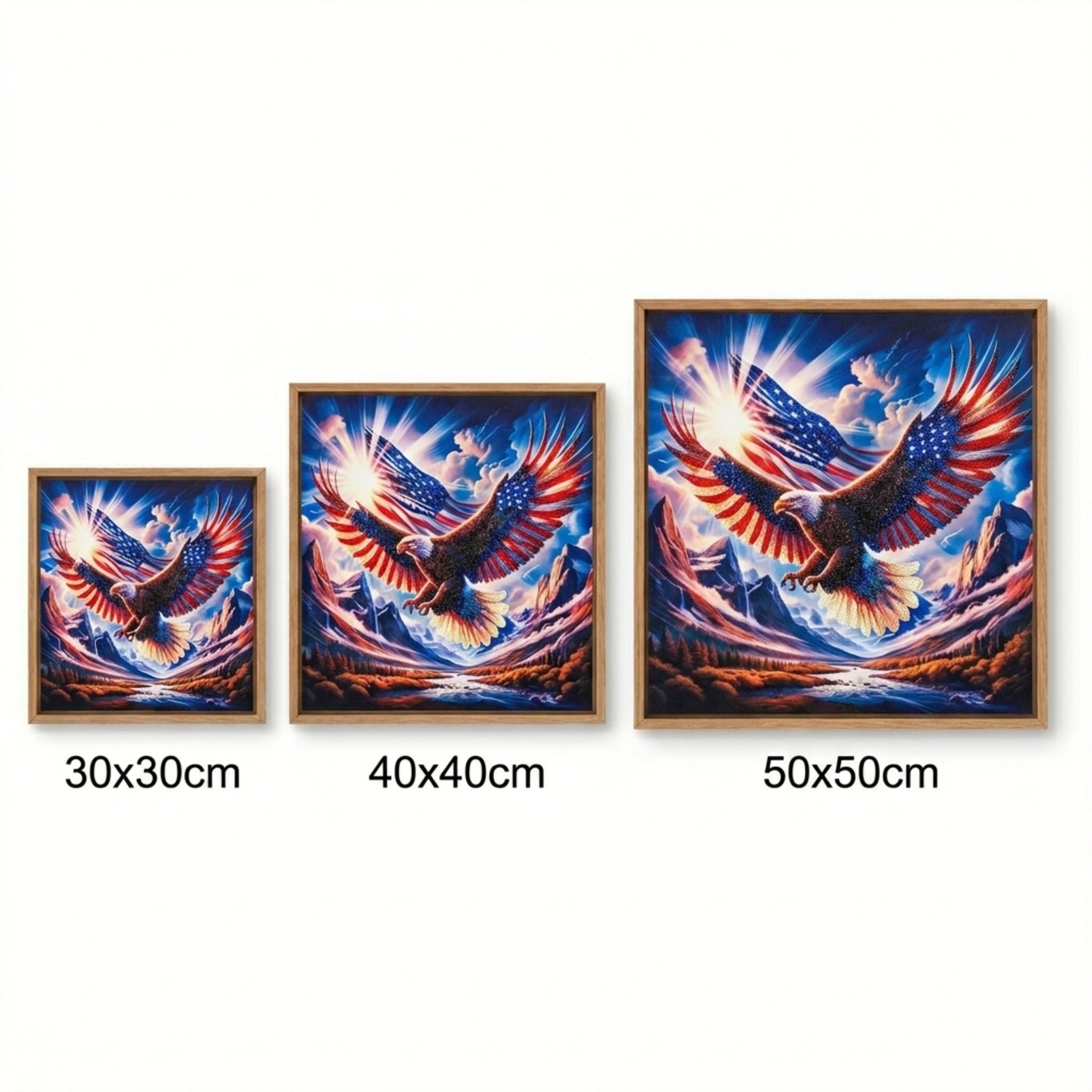 Patriotic eagle diamond painting size comparison 30x30, 40x40, 50x50 cm