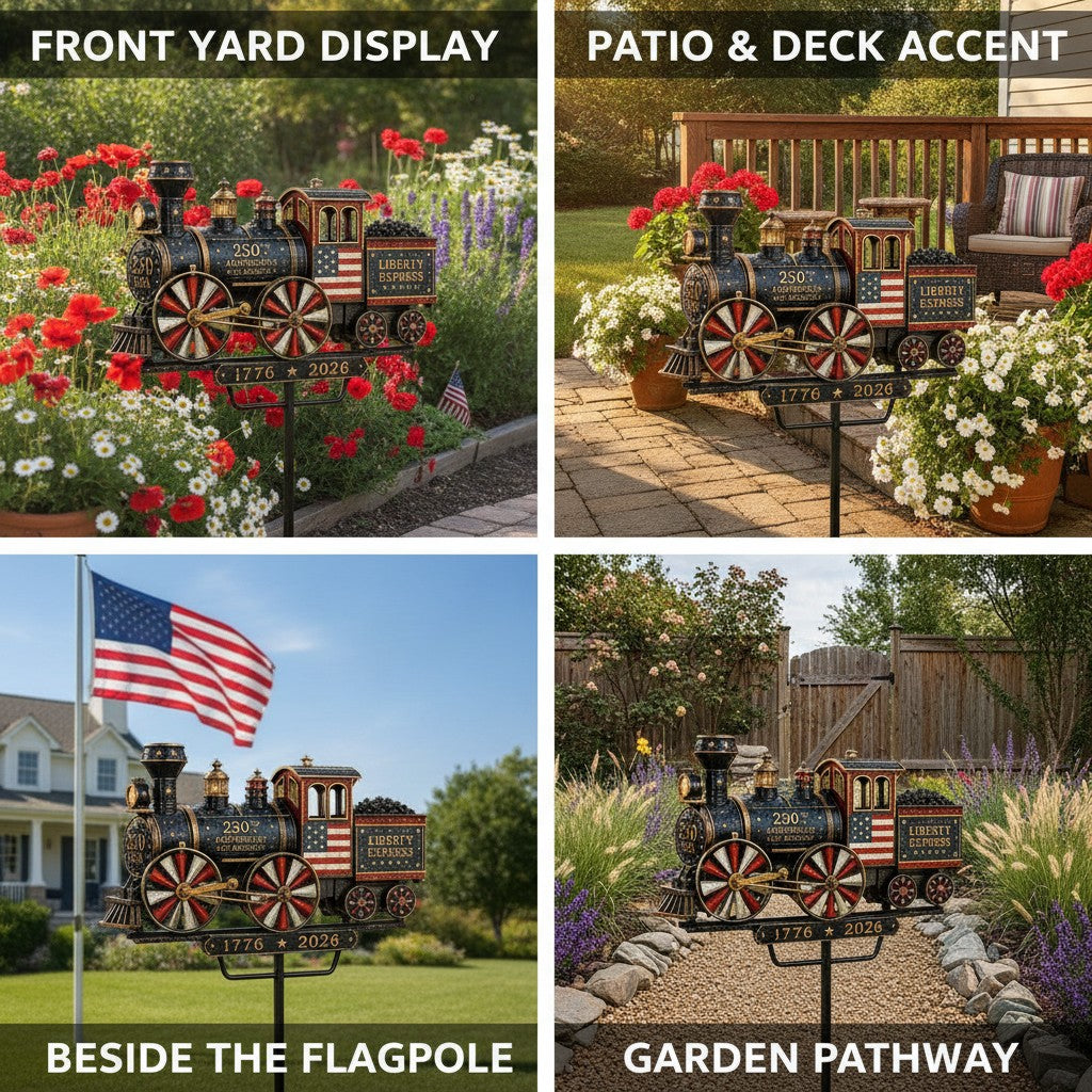 train garden wind spinner shown in multiple settings
