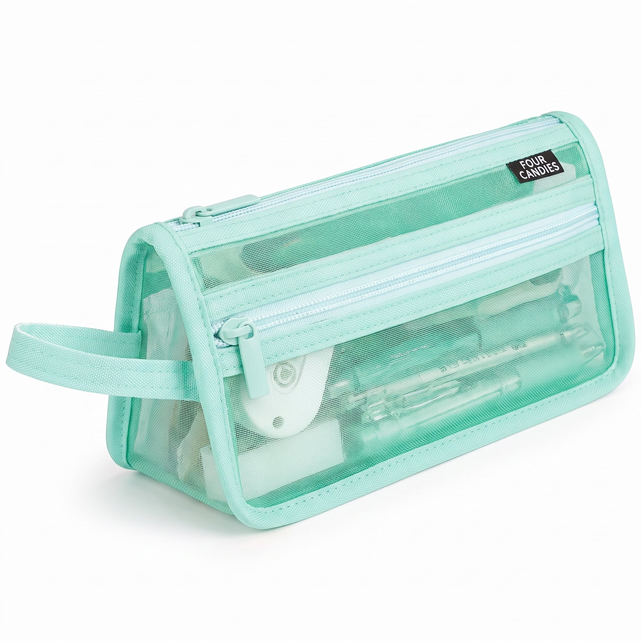 Travel Bag Cute Pen Case Mint Green Mesh Double Layer Zippered Pouch - angle
