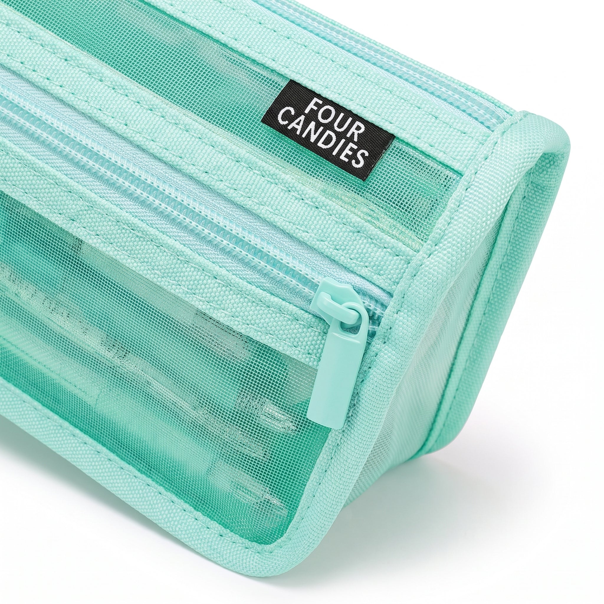 Travel Bag Cute Pen Case Mint Green Mesh Double Layer Zippered Pouch - detail