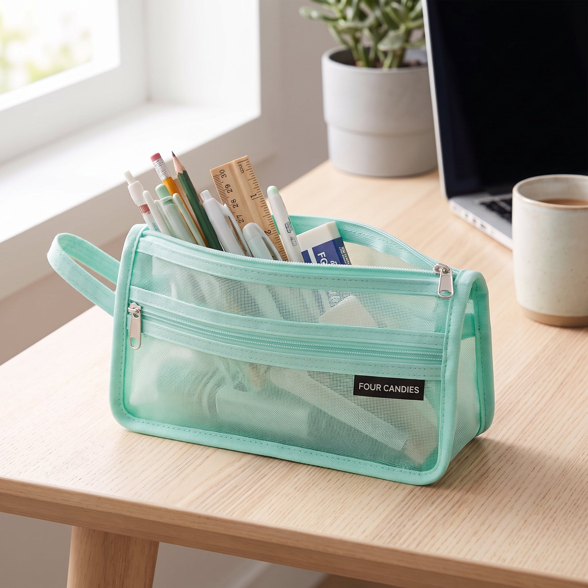 Travel Bag Cute Pen Case Mint Green Mesh Double Layer Zippered Pouch - Image 1