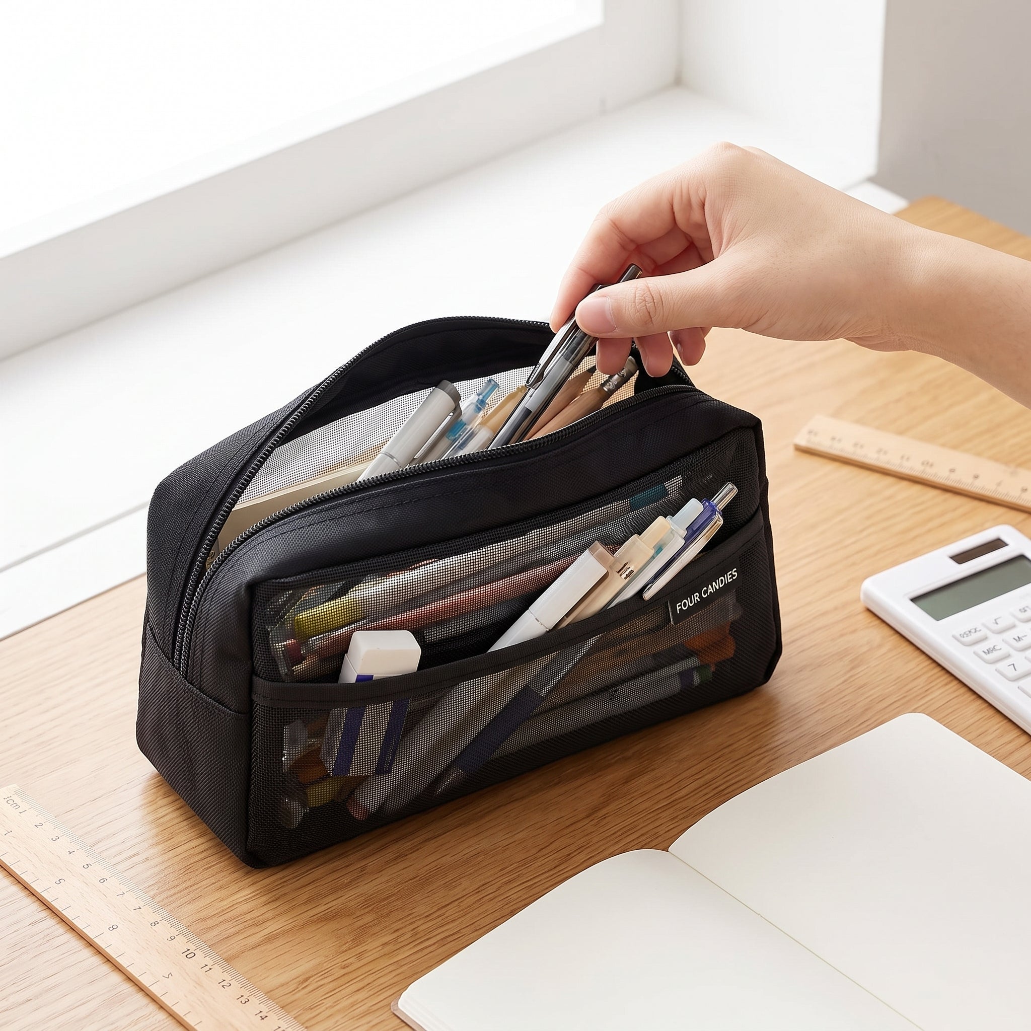 Clear Pencil Case Pouch Large Capacity Black Mesh Marker - hero