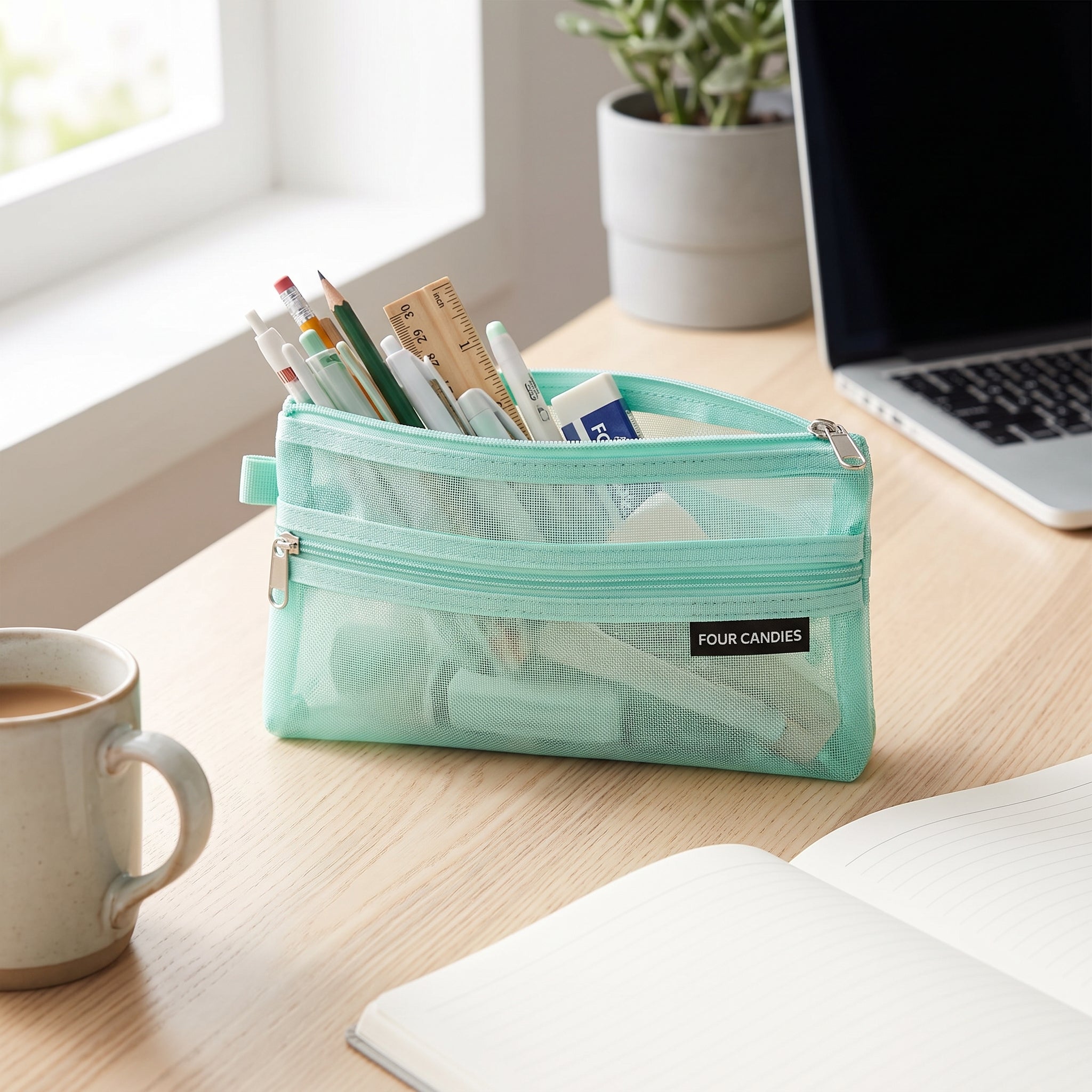 Travel Bag Cute Pen Case Mint Green Mesh Double Layer Zippered Pouch - in-use