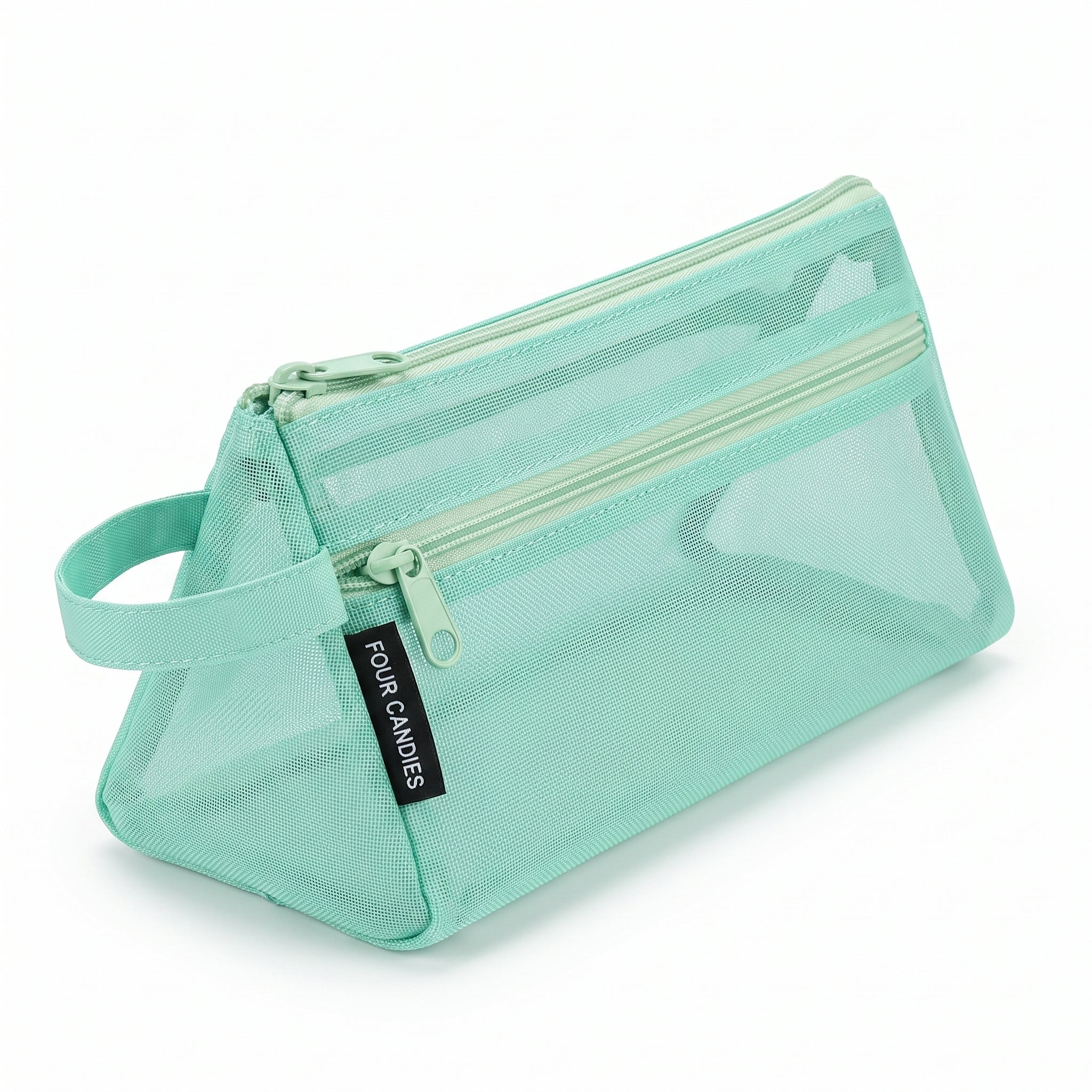 Travel Bag Cute Pen Case Mint Green Mesh Double Layer Zippered Pouch - studio