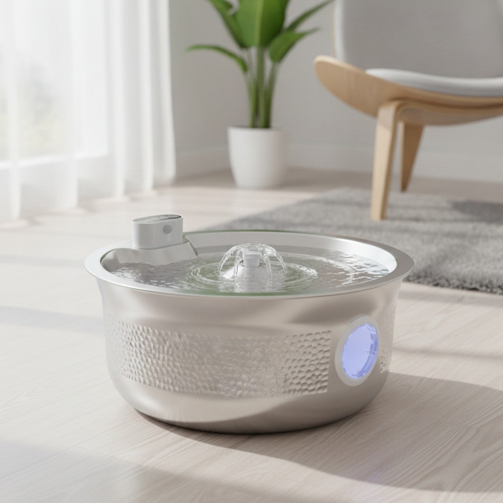 pet water fountain in use, lifestyle scene