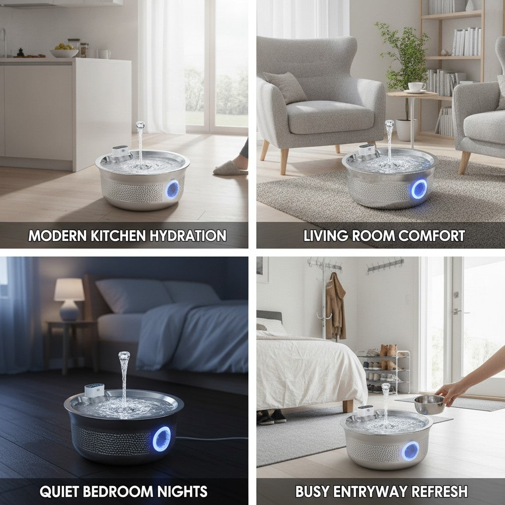 pet water fountain shown in multiple settings