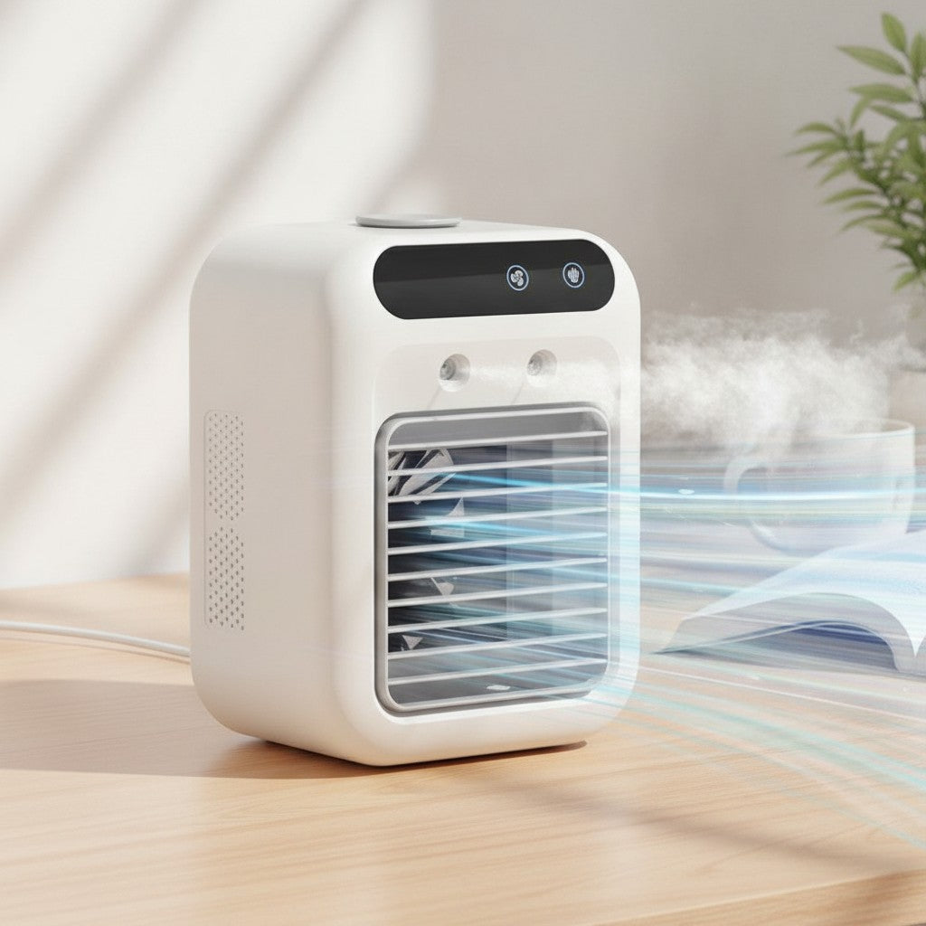 portable air cooler in use, lifestyle scene