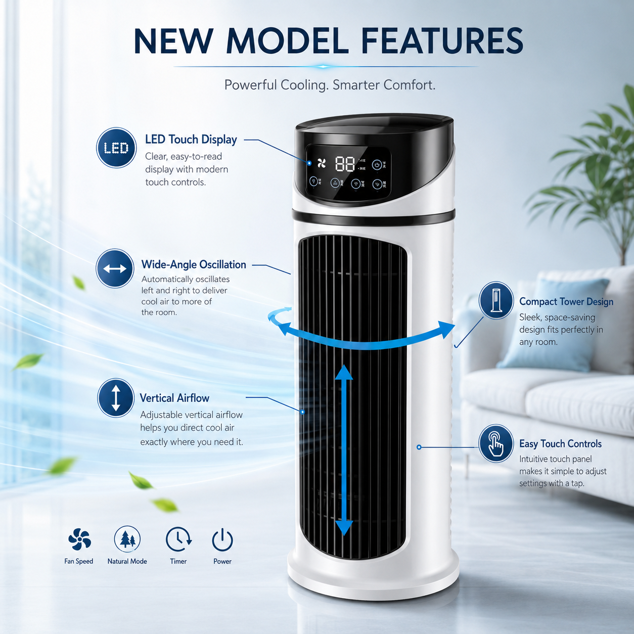 Portable Tower Fan With LED Display Wide-Angle Oscillation - Image 3