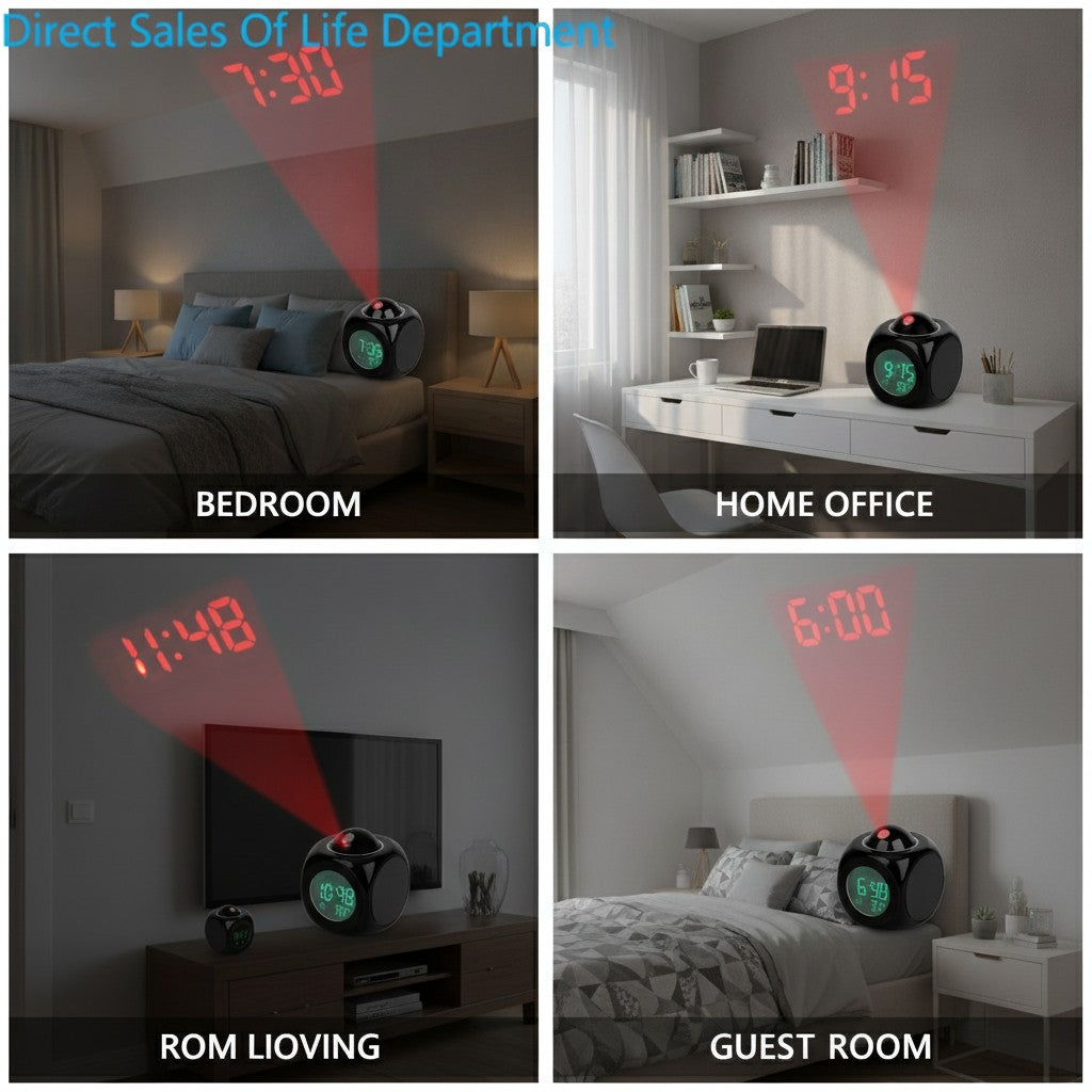projection alarm clock shown in multiple settings