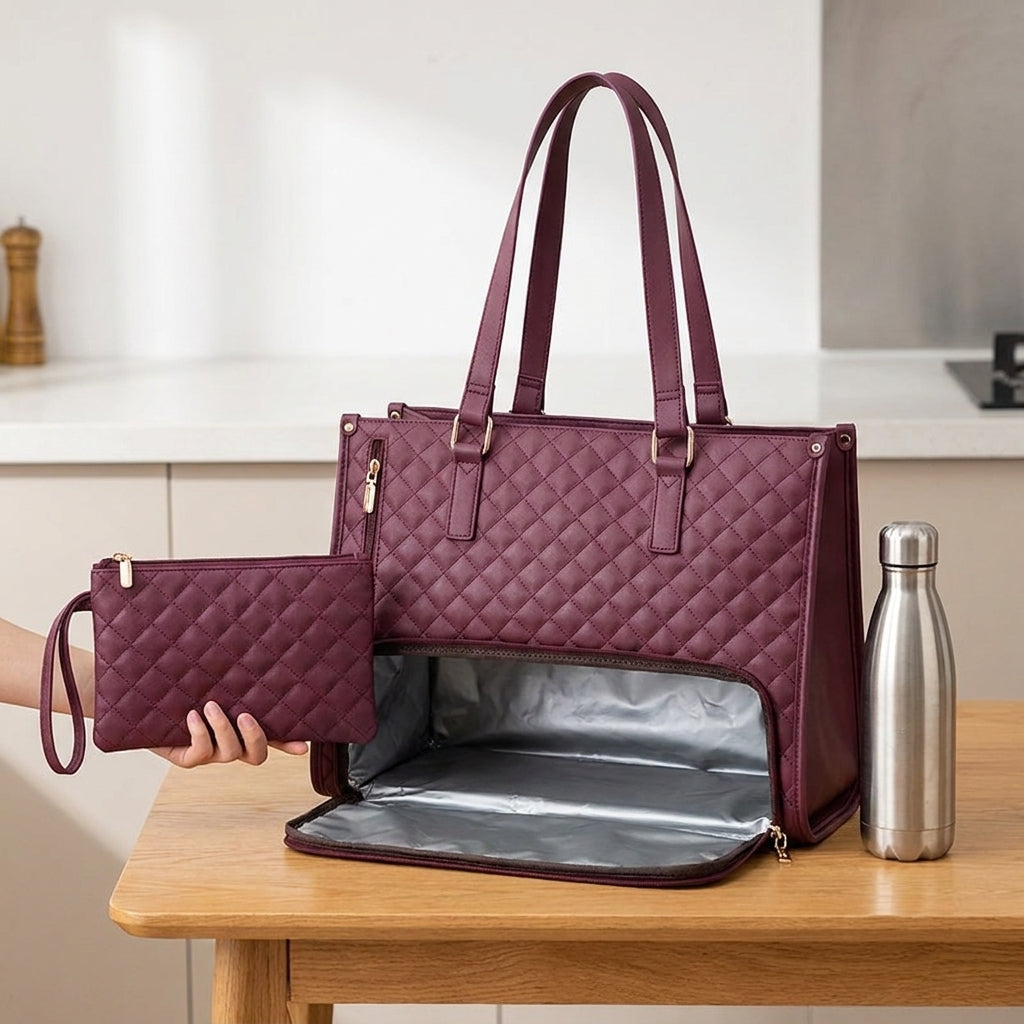 Women's Quilted Tote Bag Insulated Lunch Bag Lunch Bag Work - scale