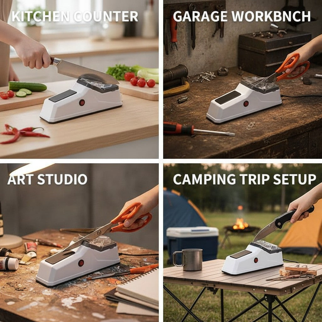 electric knife sharpener shown in multiple settings